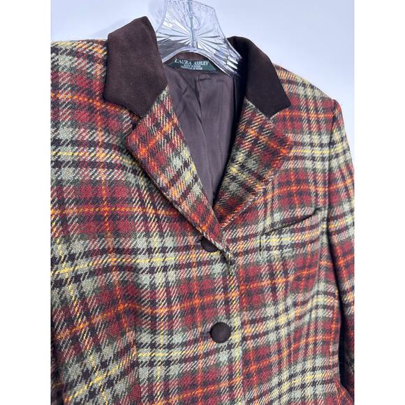 Vintage Laura Ashley brown Plaid Wool Blazer suede collar Equestrian Academia 4 - Picture 10 of 14
